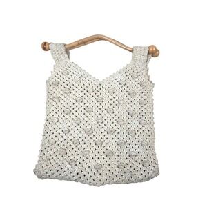 Vtg Mister Ernest Handbag Macrame Crochet Tote Bag Bamboo Wood Handle Cream Boho